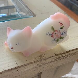 Vintage Fenton Hand Painted Floral Satin Glass Cat Figurine